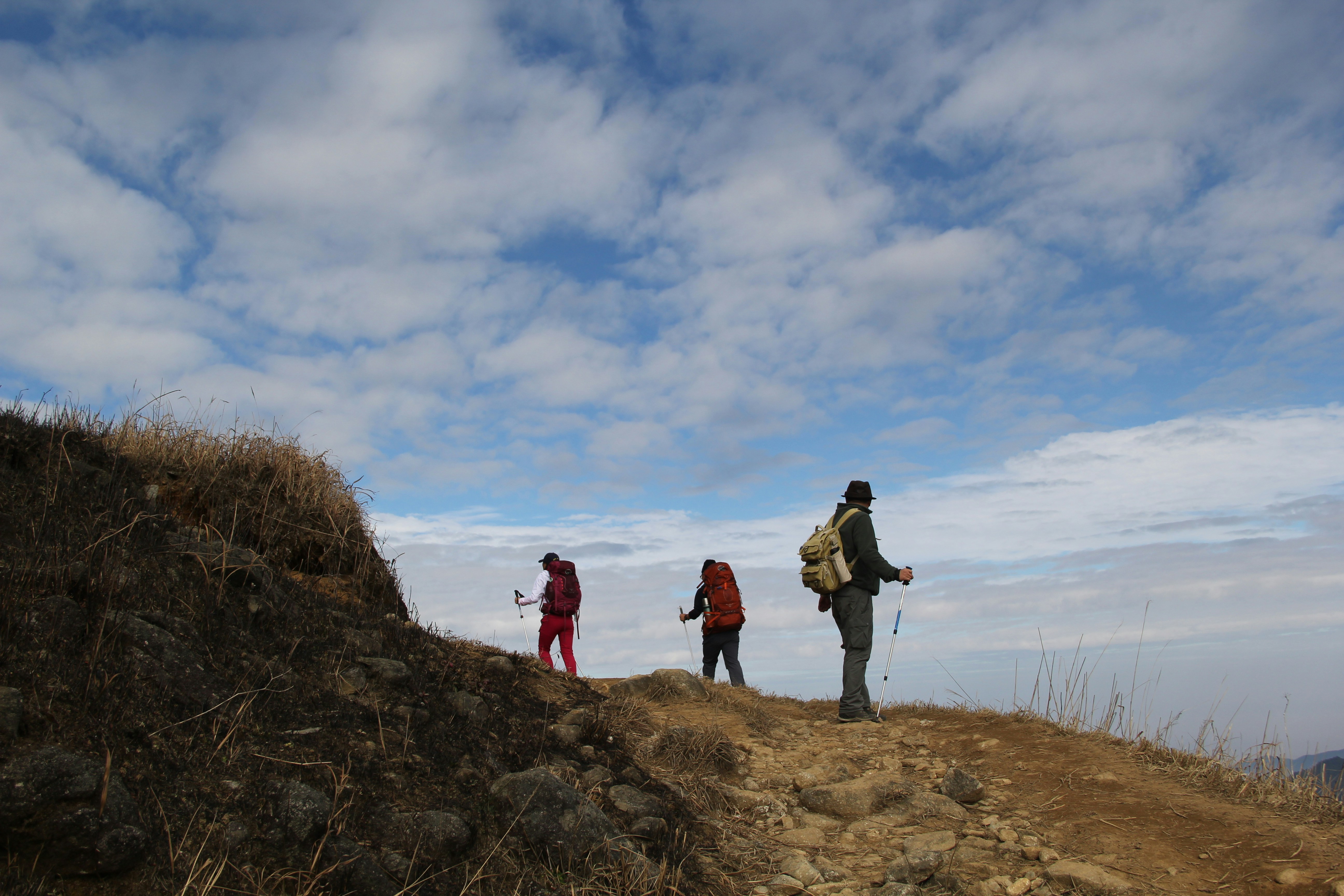 Trekkers walking along a mountain trail under a wide blue sky